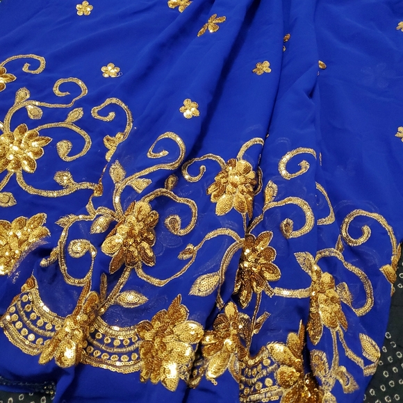 Royal Blue Gold Saree Sequin bridal wedding sari gold - Picture 3 of 5